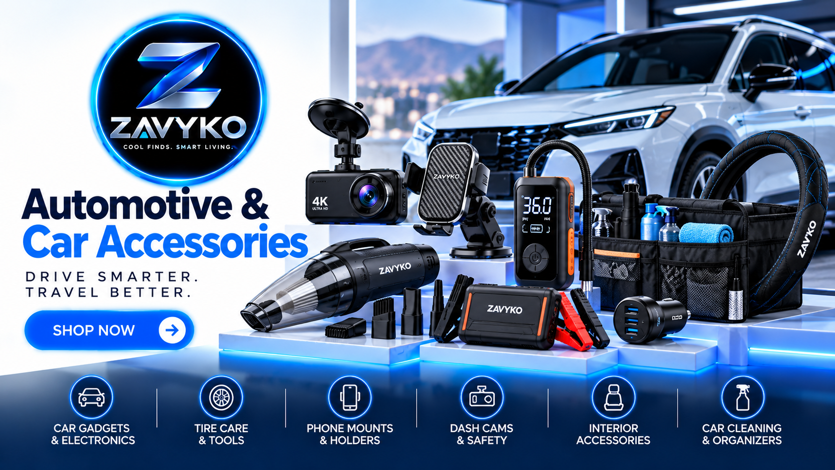 ZAVYKO Automotive and Car Accessories featuring useful car gadgets, vehicle electronics, organizers, and driving accessories.